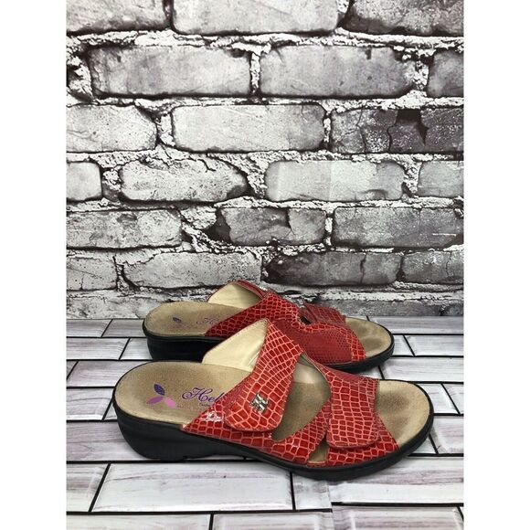 Helle Comfort Red Leather Croc Print Strap Wedge Sandals Women’s Sz 38EU/7.5M US - Picture 6 of 16